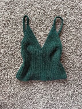 Green Ribbed V-Neck Knit Tank Top